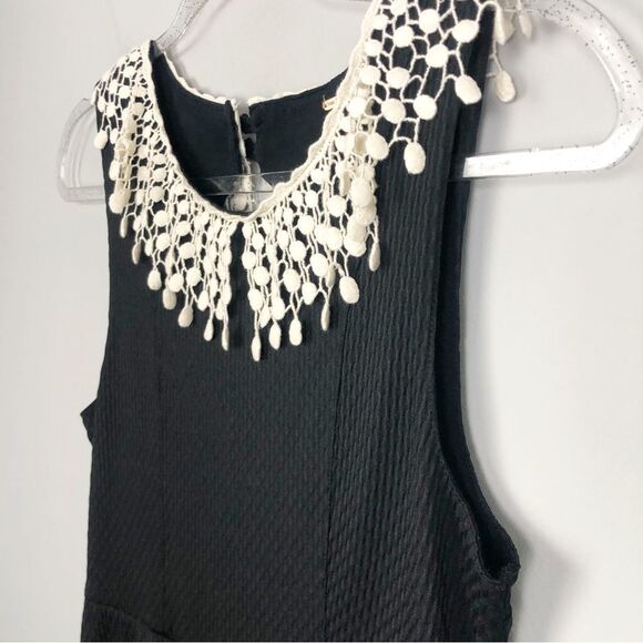 FREE PEOPLE | Ivory Crochet Collar Waffle Texture Black Dress Women’s Size S/M - Picture 5 of 9